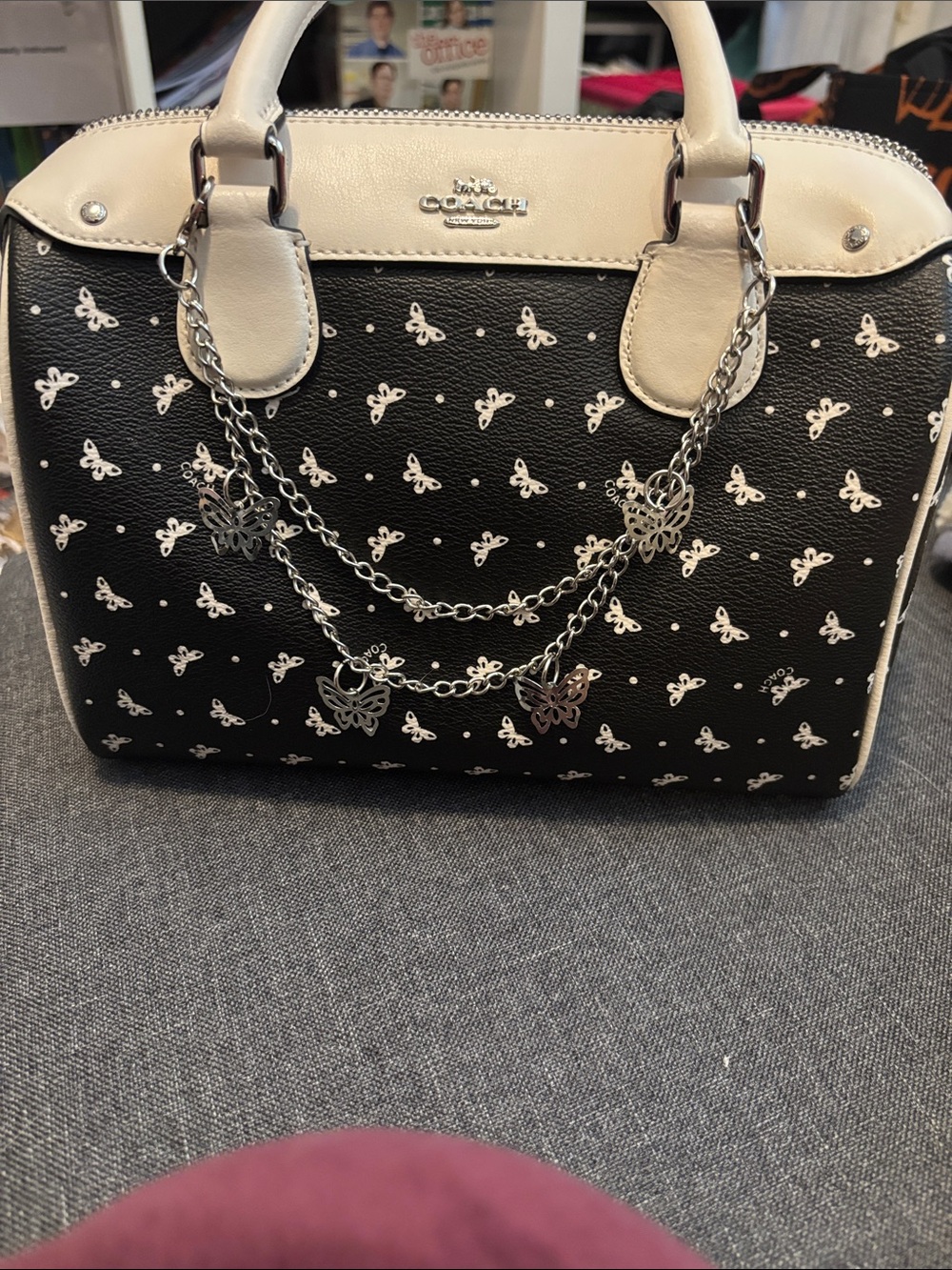 Coach Black and Cream Butterfly Charm Satchel with Chain Accents
